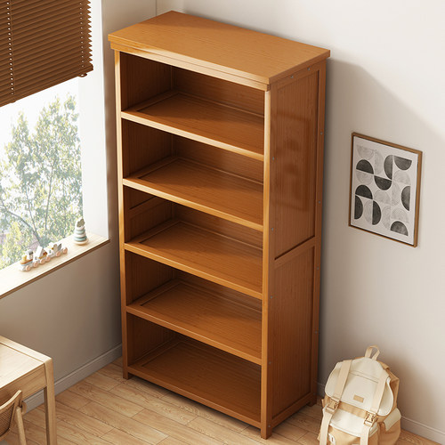 书架落地置物架一体靠墙简易实木书柜家用书房多层收纳分层架