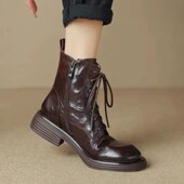 脚瘦拍小一码 复古褶皱头层羊皮侧拉链马丁靴短靴女.