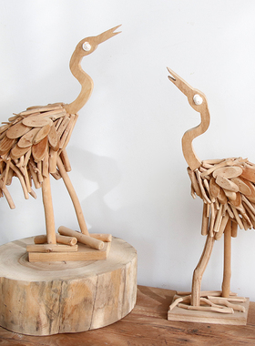 手工实木仙鹤电视柜摆件摆设小动物工艺礼品摆饰家居客厅天然装饰