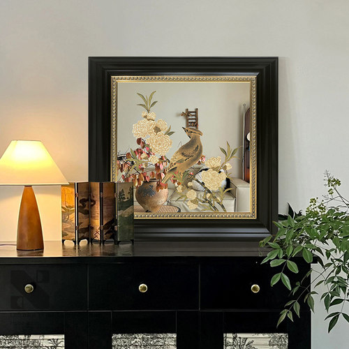 《桃花山鸟图》中古风镜子装饰画高级感法式中国风卧室桌面摆画