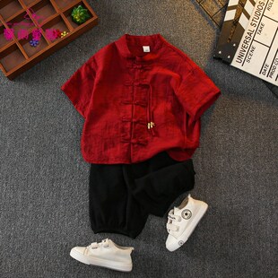 新中式汉服男童夏季短袖套装中国风小少爷唐装男宝宝周岁礼服古装