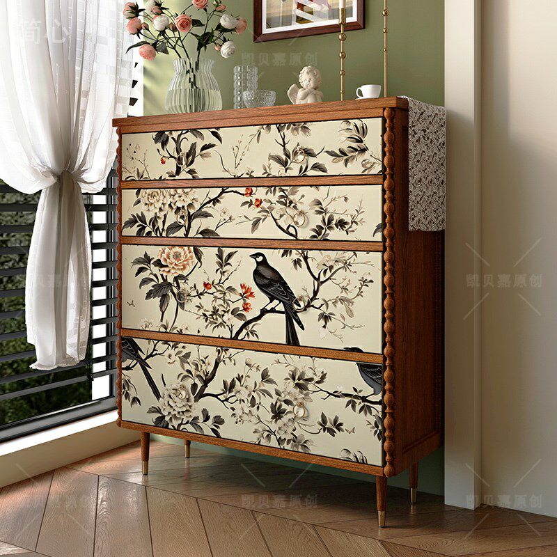中式复古花鸟装饰家具翻新贴纸客厅柜子门改造贴画自粘防水墙纸