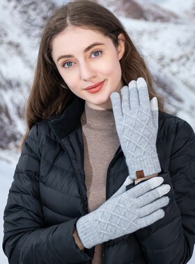 冬季针织手套纯色菠萝花单层五指手套保暖触屏手套女户外防寒手套