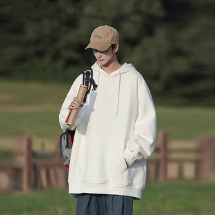 高级感卫衣男士纯色连帽外套可定制文字白色简约秋季薄款休闲上衣