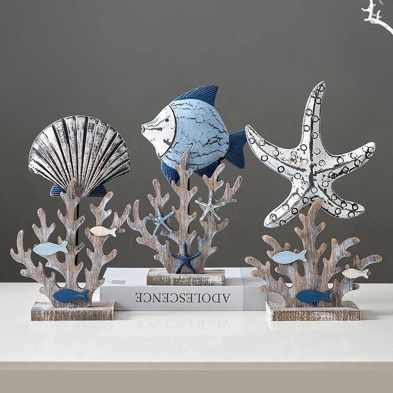 地中海风木制鱼摆件贝壳海星珊瑚摆设样板房软装电视柜摆台装饰品,家居饰品,桌面摆件,淘宝优惠券,粉丝福利购,淘宝优惠卷