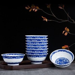 高温景德镇青花玲珑碗家用米饭碗小汤碗中式复古风釉下彩套装餐具