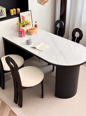 黑色岩板餐桌家用小户型现代简约法式实木中古风半圆岛台靠墙饭桌