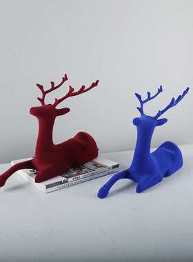 现代简约蓝色红色麋鹿金属植绒工艺品小摆件创意家居桌面软装饰品