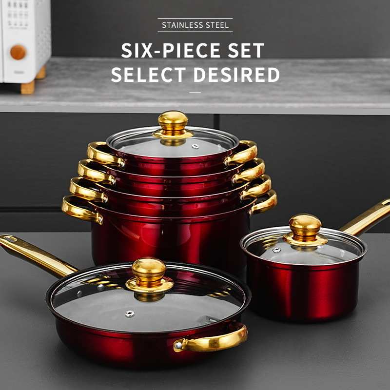 cookware set pots跨境12件套彩色不锈钢套锅不粘锅镀金锅具套组