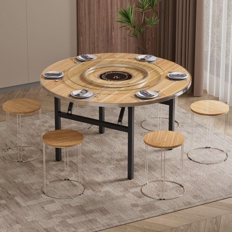 实木火锅桌圆形餐桌电磁炉一体商用家用吃饭桌可折叠带转盘大桌子
