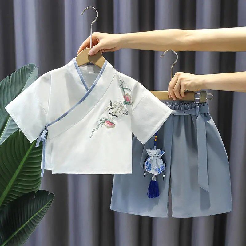 唐宋汉服男童夏季装棉麻套装小童新中式薄款儿童改良古装2023新款图片