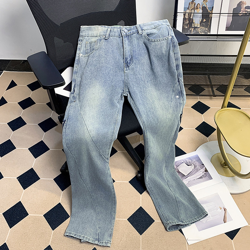 设计拉链开叉直筒牛仔长裤男夏季宽松显瘦垂感洗水阔腿拖地微喇裤,男装,牛仔裤,淘宝优惠券,粉丝福利购,淘宝优惠卷