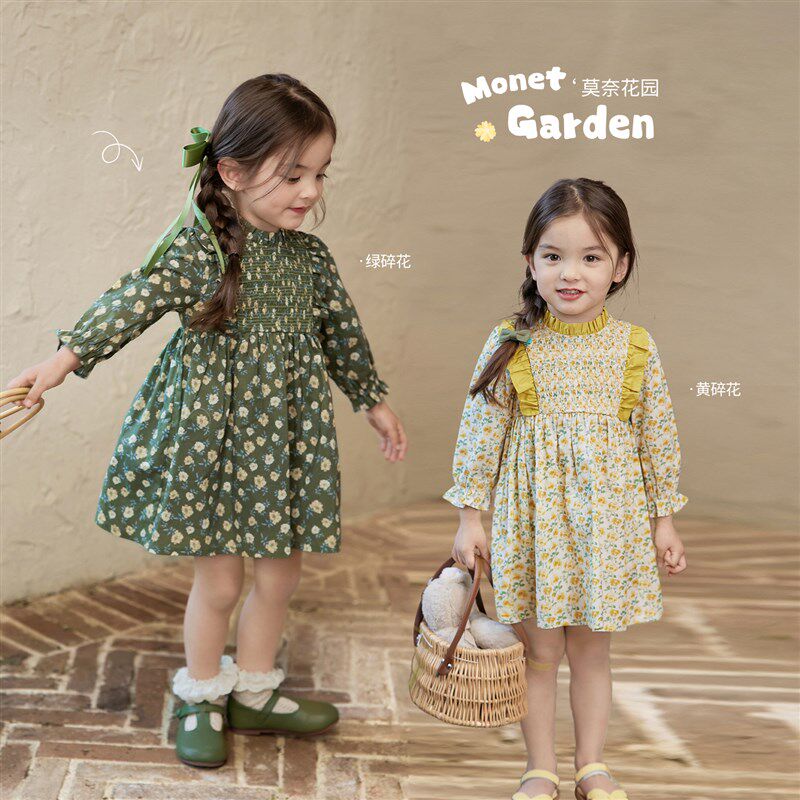 陈大猪小O宝 宝宝森系连衣裙女春季2024新款婴儿木耳边百褶连衣裙