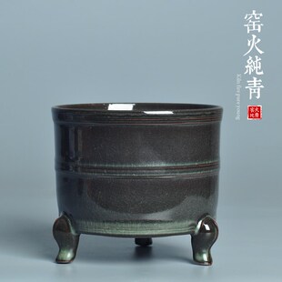 青瓷弦纹炉陈路军全手工仿古陶瓷香薰炉三足炉香道摆件墨青线香炉