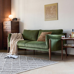 北欧实木布艺沙发客厅2024新款 高端大气卧室黑胡桃木三人位绿色款