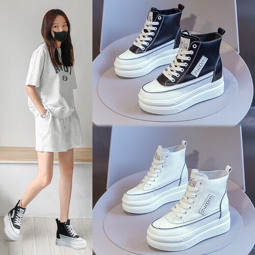 小白鞋女秋季透气内增高女鞋8cm真皮白鞋厚底松糕鞋休闲高帮鞋子