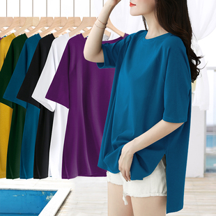 纯色螺纹棉五分袖下摆两侧开叉宽松短袖t恤女夏季遮屁股体恤上衣
