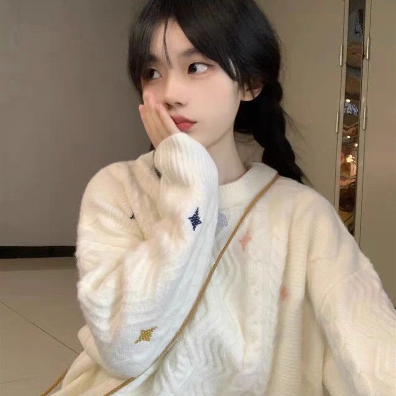 秋冬日系复古可爱软糯麻花毛衣女慵懒风宽松套头外穿加厚针织上衣