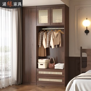中古风衣柜家用卧室新中式 骨骼线大衣橱衣帽间仿藤编储物柜7A77