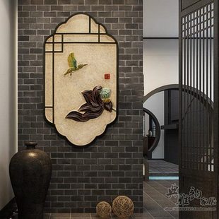 中式仿古典树脂壁饰玄关家居墙饰客栈会所背景壁挂件田园翠鸟戏莲