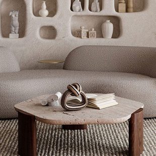 侘寂风洞石茶几家用客厅小户型中简约现代大理石网红异形茶台矮桌