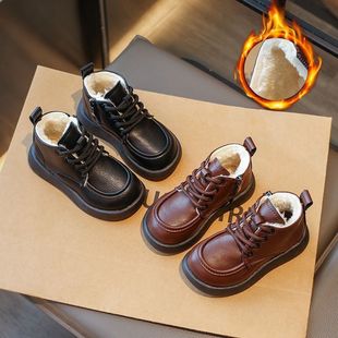 男童高帮皮鞋加绒中大童男孩宝宝棉鞋软底女童冬款保暖黑色小