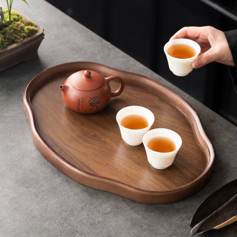 胡桃色托盘茶盘中式创意竹木如意形点心干果展示家用茶馆盘子茶具
