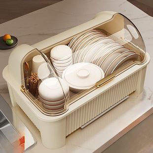 碗筷收纳盒放碗碟收纳架厨房家用多功能带盖沥水置物架碗柜收纳箱