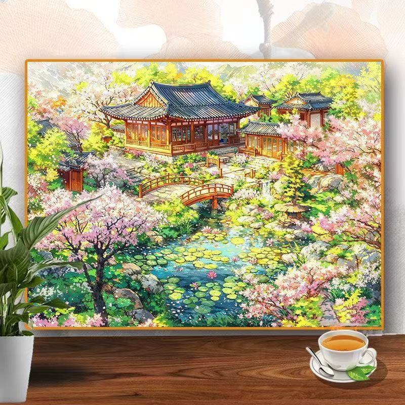 古风房屋风景DIY数字油画手工填色丙烯画解压感手工挂画