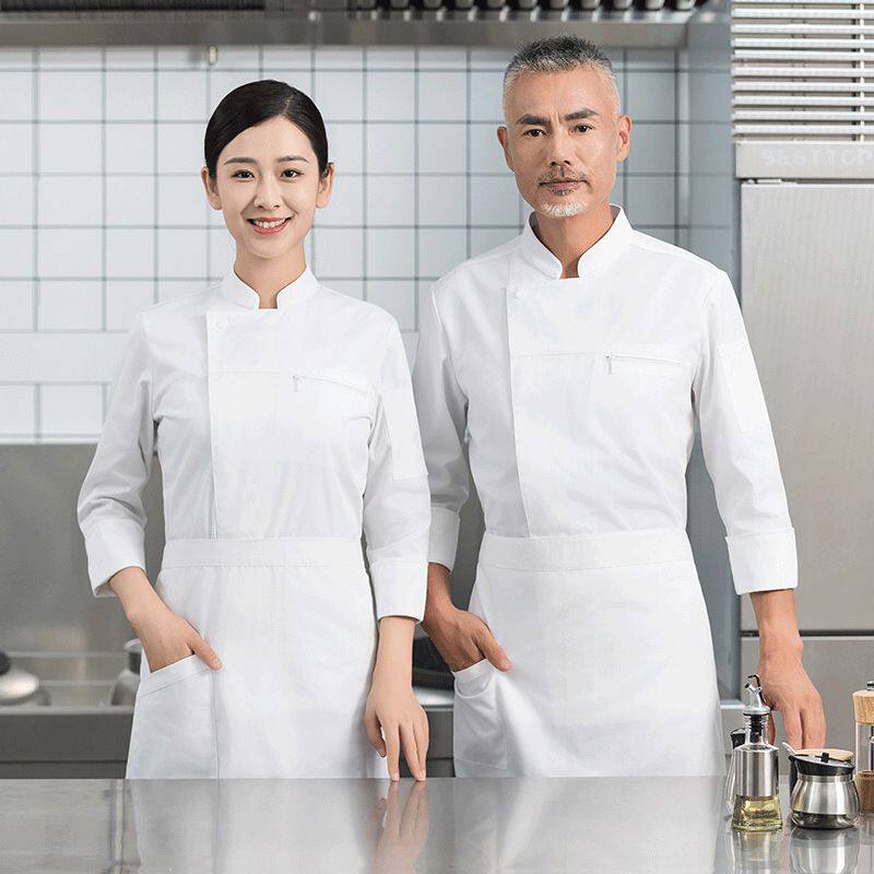 酒店高端厨师工作服男女长袖秋冬季后厨房烘焙厨师服火锅纯色加厚