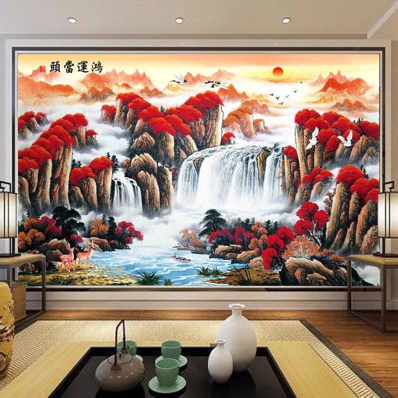 钉制鸿运当头山水画壁画电视背景墙壁布办公室大厅会议室无缝墙布,家装主材,定制壁画,淘宝优惠券,粉丝福利购,淘宝优惠卷