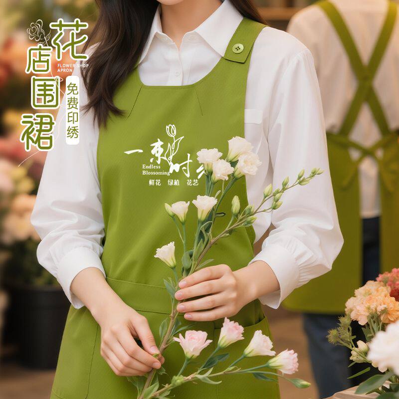 法式田园风背后交叉夏季薄款透气围裙定 制女仆文艺画花店美容烘