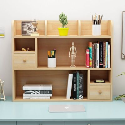 批实木书架桌面收纳置物架简约现代多层带抽屉学生儿童原木落地家