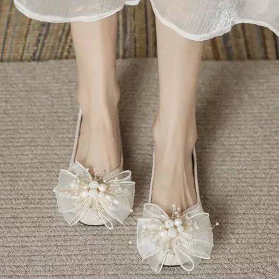 秀禾婚纱两穿订婚鞋女孕妇平底低跟新娘鞋香槟金色水晶公主不累脚