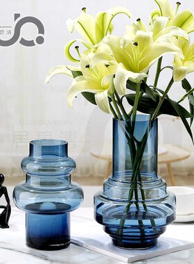 北欧简约蓝色玻璃花瓶圆柱造型水培富贵竹插花百合玫瑰Y向日葵摆