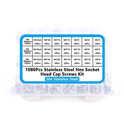 1080pcs304不锈钢M2-M4杯头内六角螺丝螺母平垫组合螺钉套装