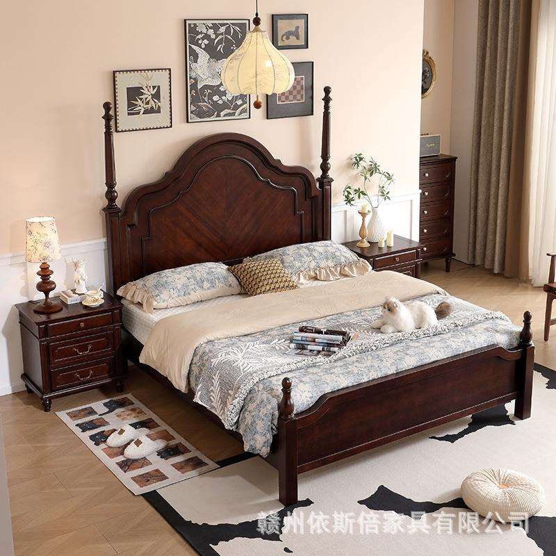 安娜实木床1.8米双人床主卧2米大床简约1.5M黑胡桃色婚床中古风