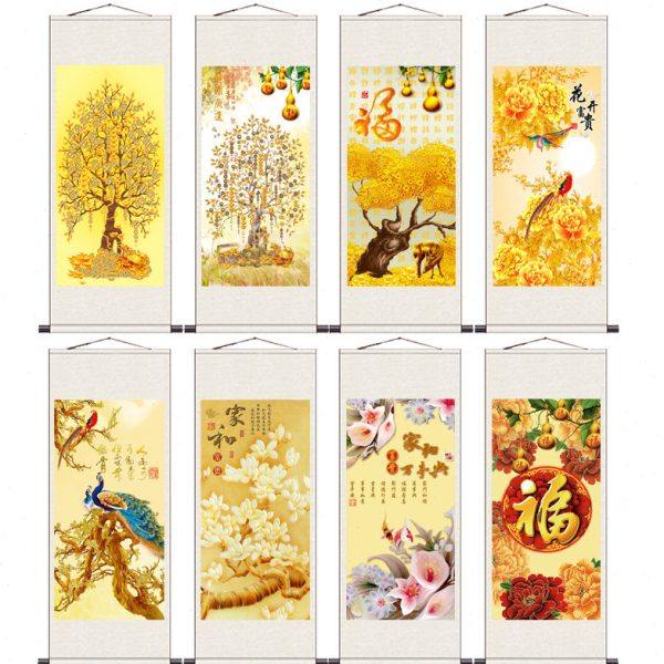 招财花鸟画发财树条幅挂画客厅办公室酒店蓝牡丹九鱼福字挂画卷轴,家居饰品,国画,淘宝优惠券,粉丝福利购,淘宝优惠卷