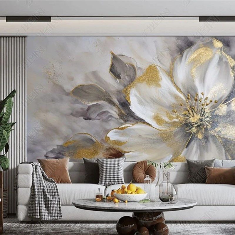 现代轻奢3D立体金箔花卉艺术电视背景墙壁纸客厅沙发壁画卧室墙布,家装主材,无纺布墙纸,淘宝优惠券,粉丝福利购,淘宝优惠卷