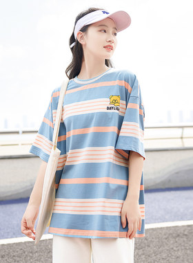 初中生夏装短袖条纹T恤夏季女13岁学生时尚两件套高中休闲七分裤
