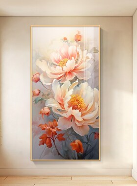 花开富贵玄关装饰画牡丹花客厅入户走廊过道挂画现代高端晶瓷壁画