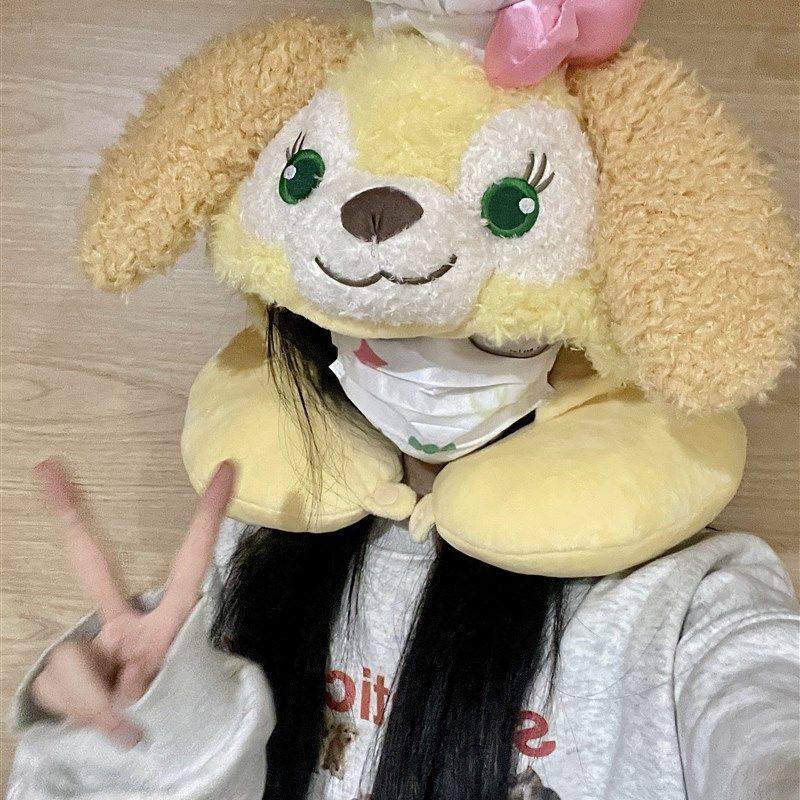 可爱卡通毛绒厨师狗连帽U型枕饼饼护颈枕旅行飞机枕戴帽U枕女礼物