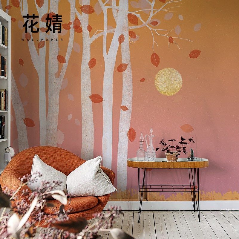 北欧树叶墙纸客厅沙发背景墙壁纸简约卧室小户型墙布餐厅定制壁画,家装主材,定制壁画,淘宝优惠券,粉丝福利购,淘宝优惠卷