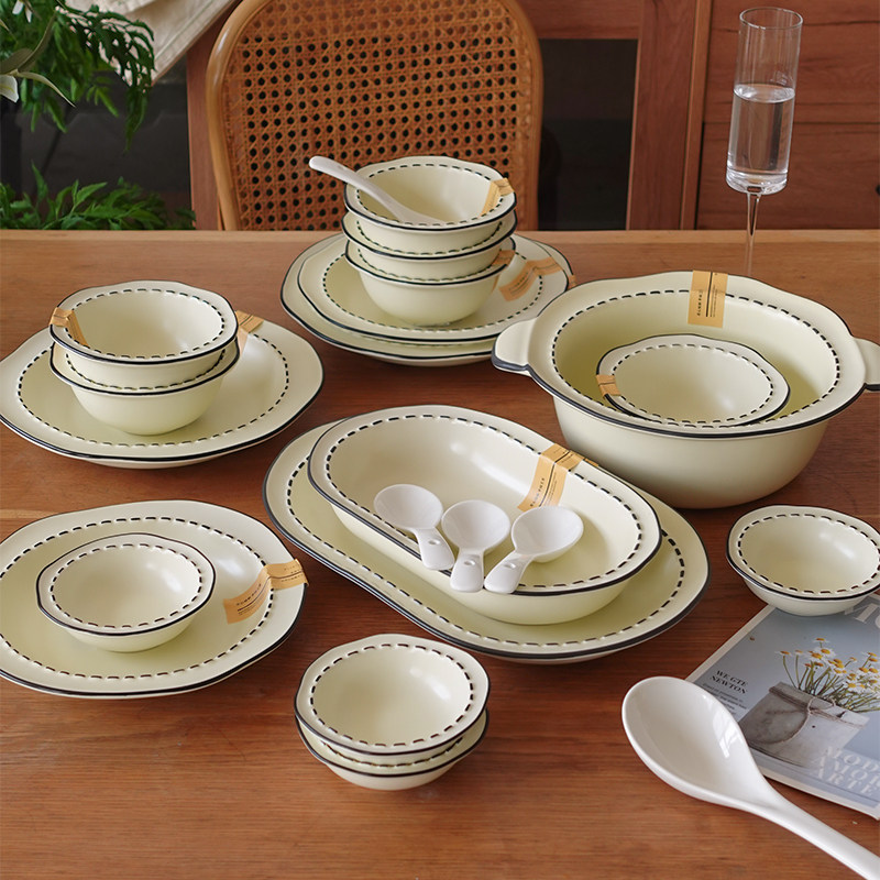 奶油风碗碟餐具套装家用2024新款碗筷套装盘子组合高级感碗具碗盘,餐饮具,碗,淘宝优惠券,粉丝福利购,淘宝优惠卷
