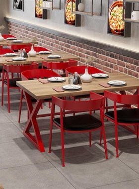 商用工业风铁艺休闲桌椅餐饮火锅店奶茶店烧烤店新中式实木餐桌椅