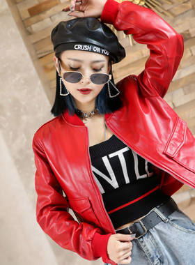 短外套女2021秋冬新款真皮红色皮衣绵羊皮长袖短款上衣韩版皮夹克