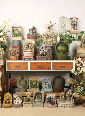 百艺欧式复古怀旧树脂手绘桌面流水摆件家居客厅摆放玄关装饰道具