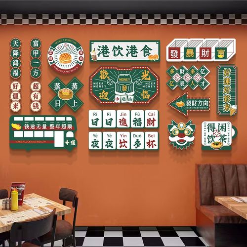 奶茶店墙面港式文化墙贴饭店背景墙复古挂画包厢包间国潮装饰壁画