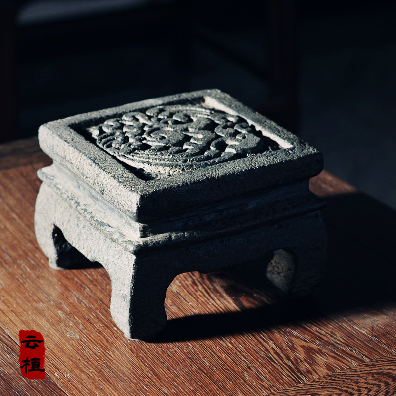 新古典中国风日式复古仿r石壶承装饰花盆底座方形摆件禅意案台托