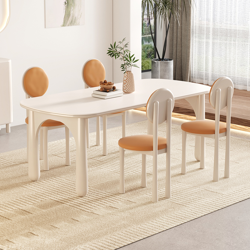 2024法e式新款小户型家用实木岩板餐桌奶油风餐桌椅组合长方形饭